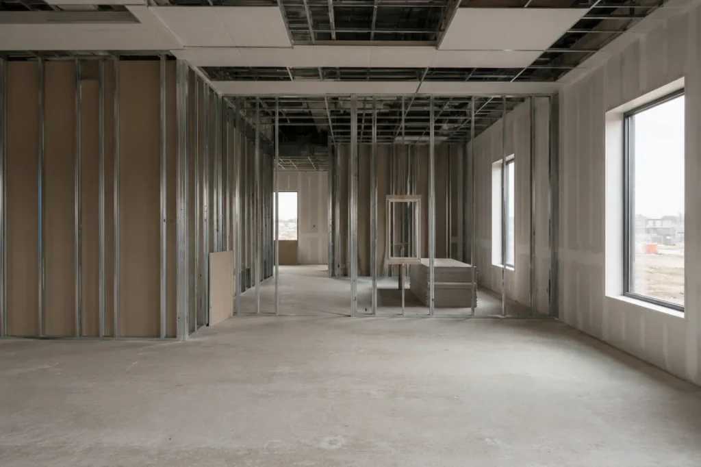 Commercial interior with steel stud partitions
