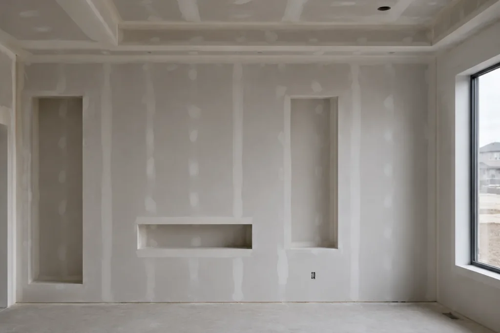Drywall installed and taped, unpainted