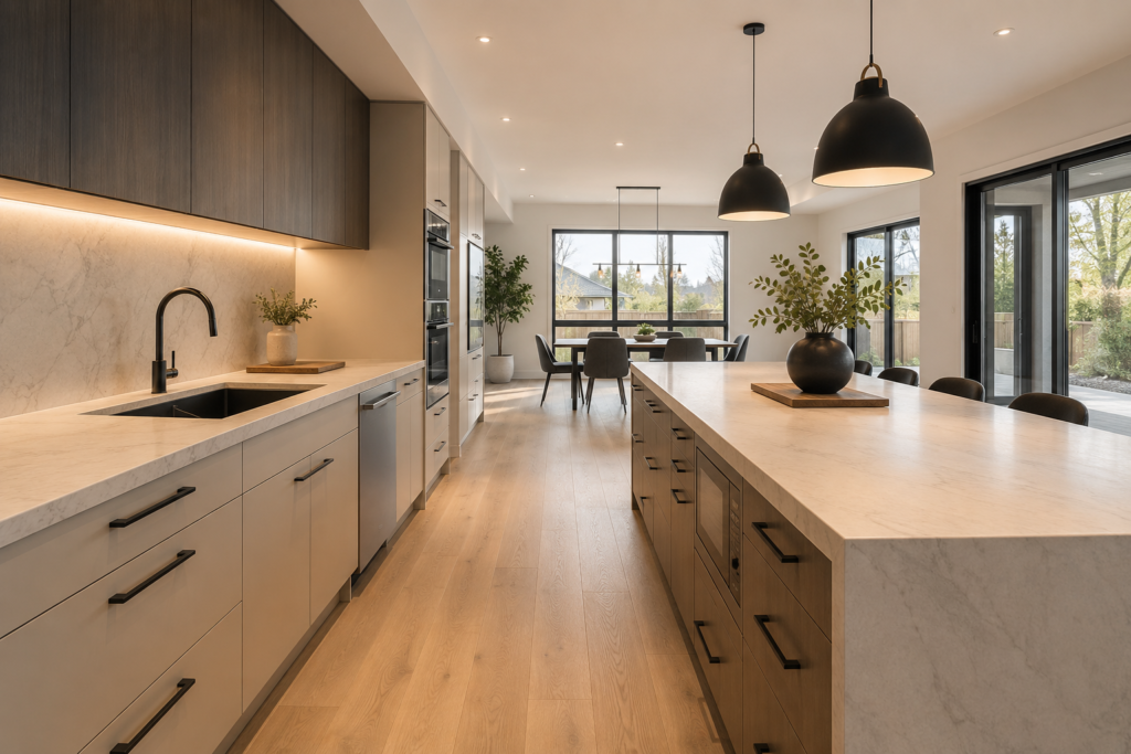 Illustrative kitchen with an island, pendant lights and dining area